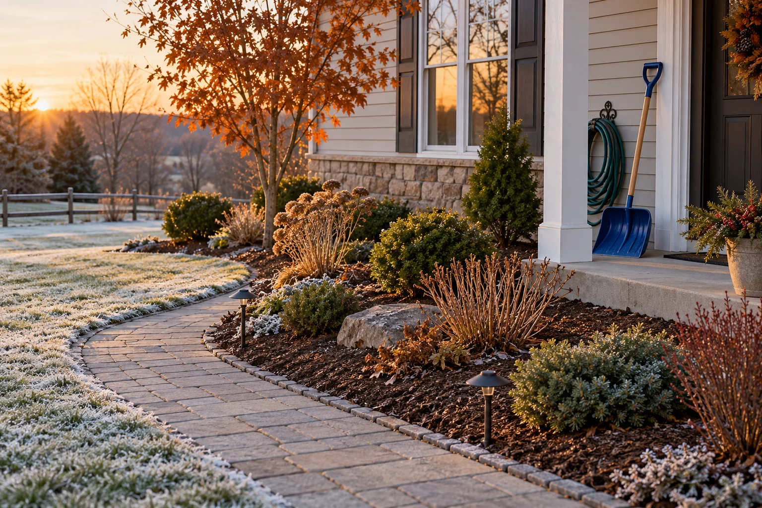 Tidied garden beds and a clear walkway with frost and a snow shovel on the porch